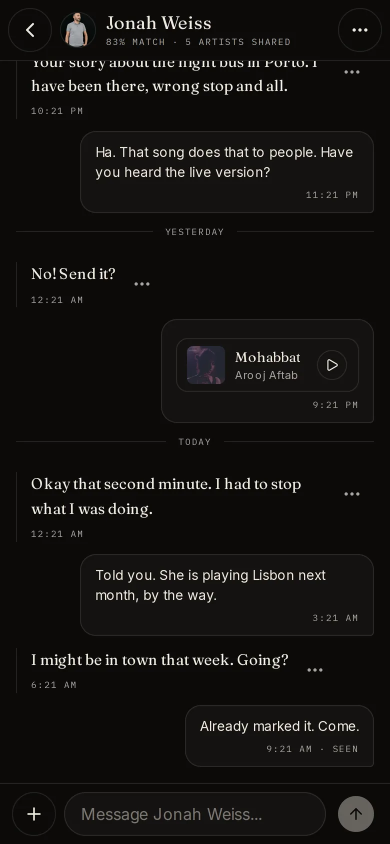 A chat between two TuneFirst members on a phone, with a shared Tune you can play right in the conversation and Seen under the last message.