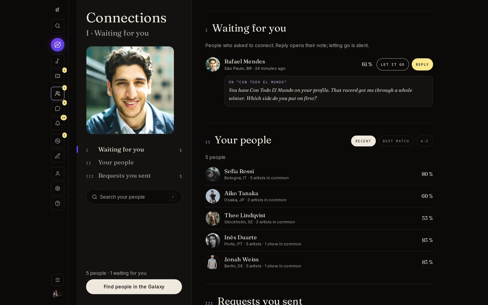 The Connections page: a note waiting for you with Let it go and Reply, then your people with what you share and your match.