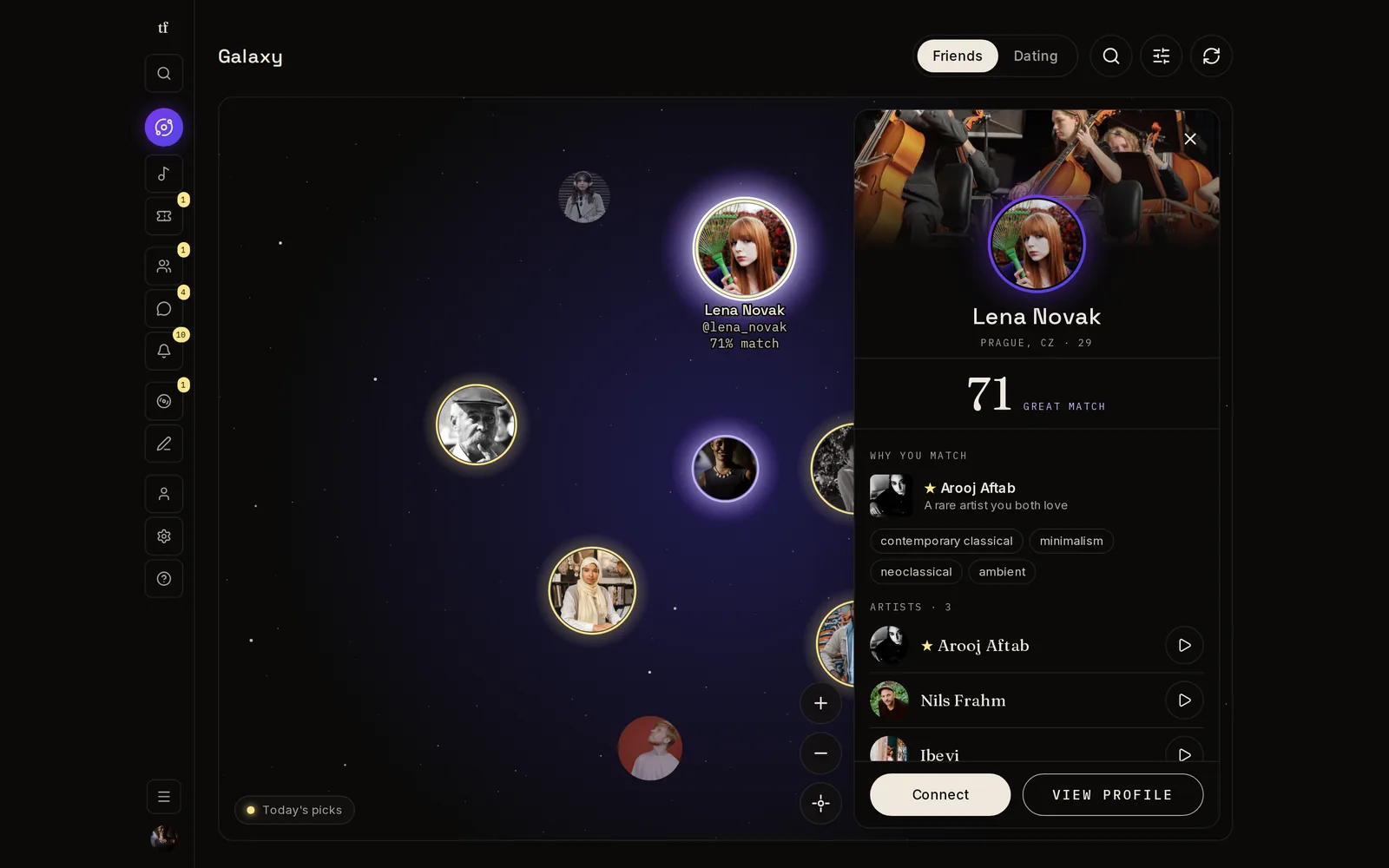 The Galaxy with one person selected: a side panel shows a 71 percent match, a rare artist you both love, the artists you share with play buttons, and Connect.