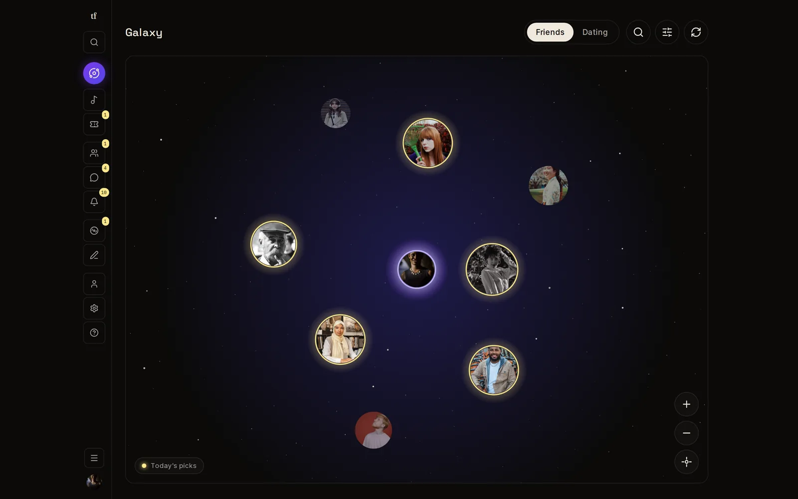 The TuneFirst Galaxy: a demo member at the centre with the people who share their music placed around them; the closer someone sits, the more you share.