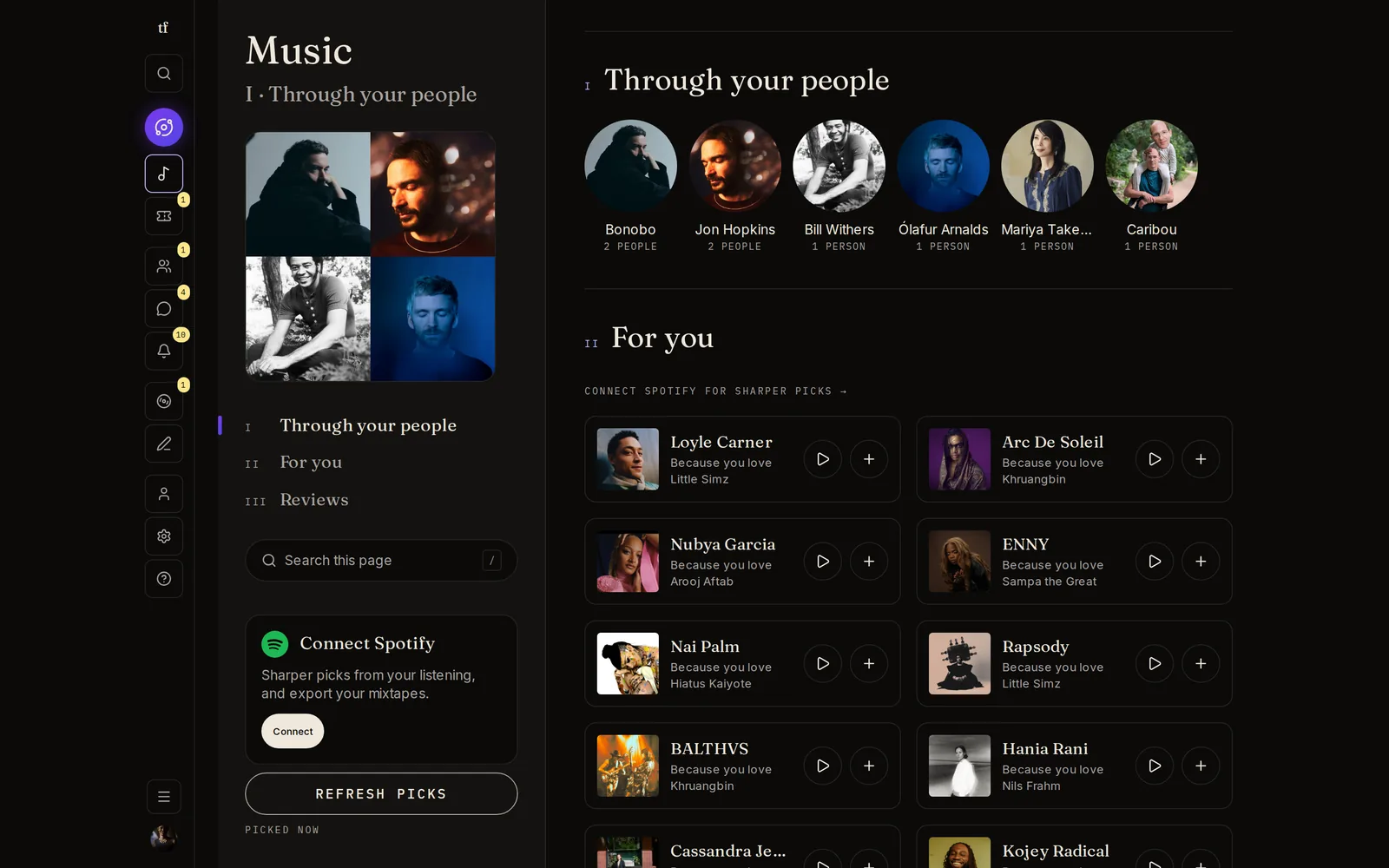 The Music page: artists your people love under Through your people, and For you picks with play and add buttons.