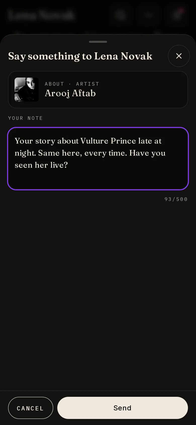 Writing a note on a phone: Say something to a member, about an artist you share, with the message typed and Send.