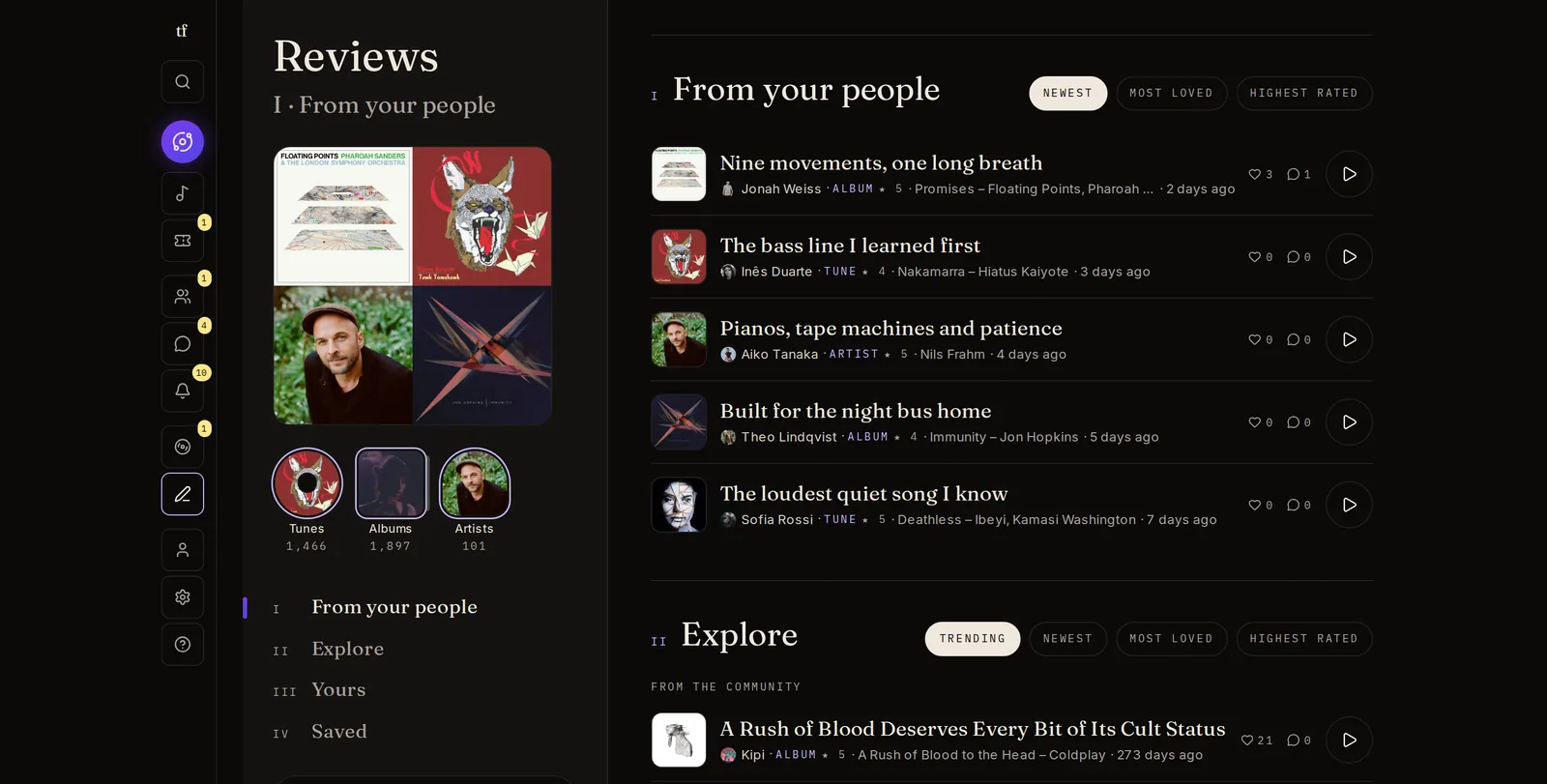 The Reviews page: reviews by your people, each with cover, title, reviewer, stars and the record, ready to play.