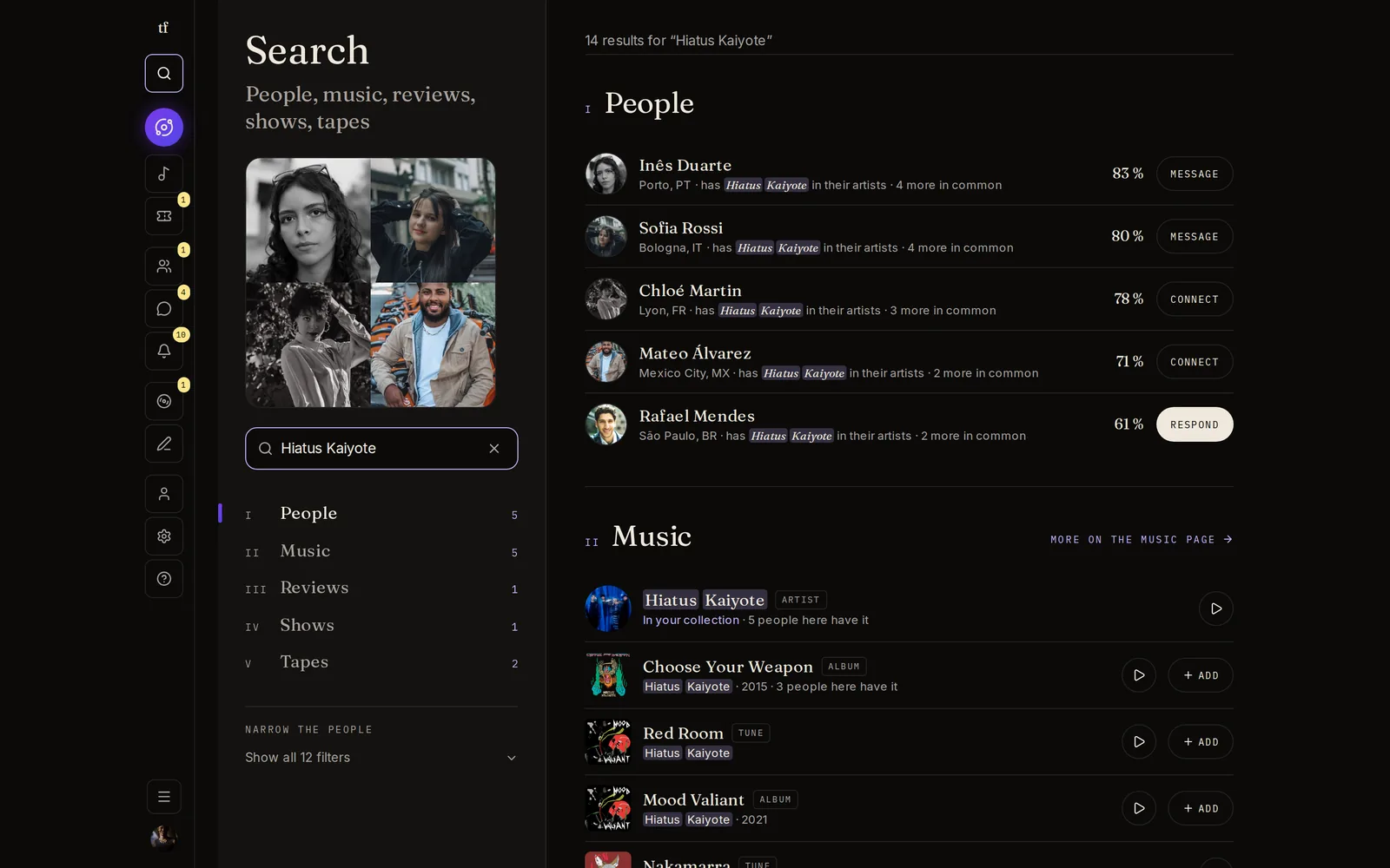 Searching for an artist: the People chapter lists members who have it, with match percentages, above the Music chapter.