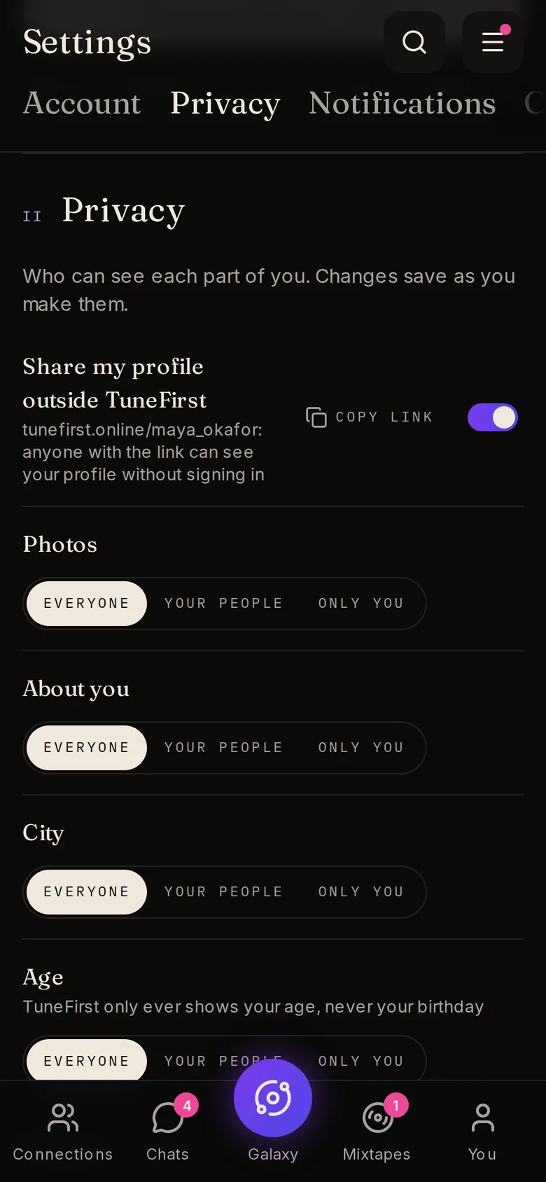 Privacy settings on a phone: share my profile outside TuneFirst, then Everyone, Your people or Only you for photos, about you, city and age.